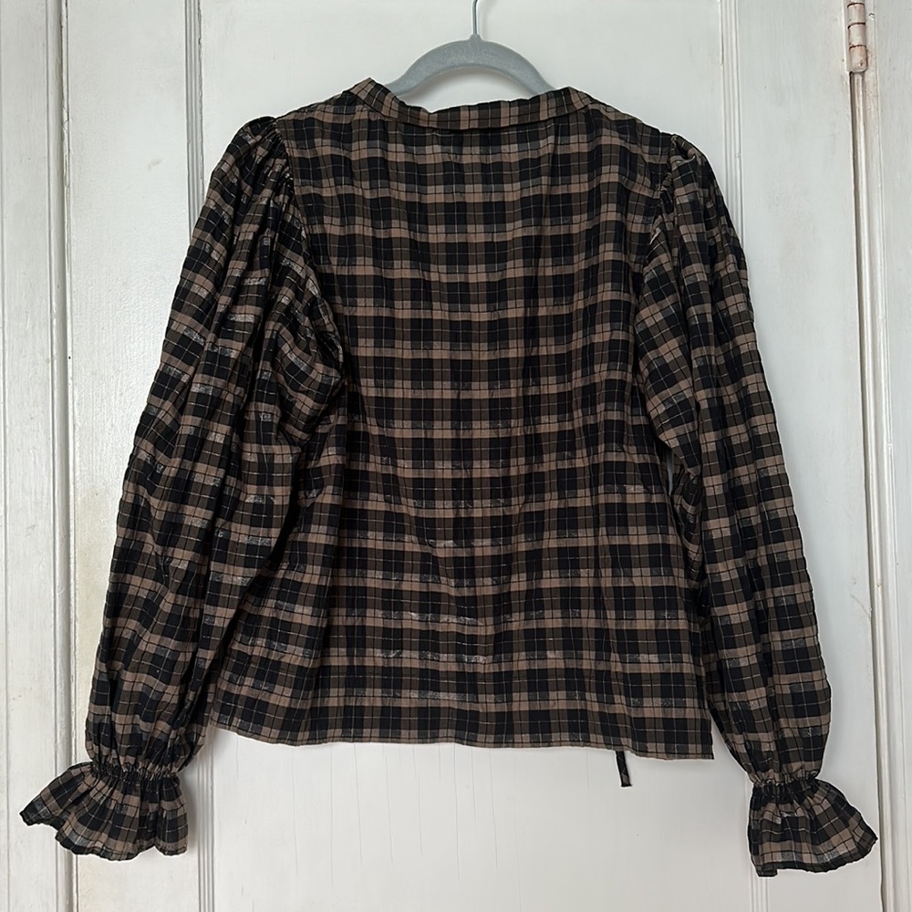 Black and Brown Gingham Plaid Ganni Puff Sleeve Blouse - Picture 2 of 5